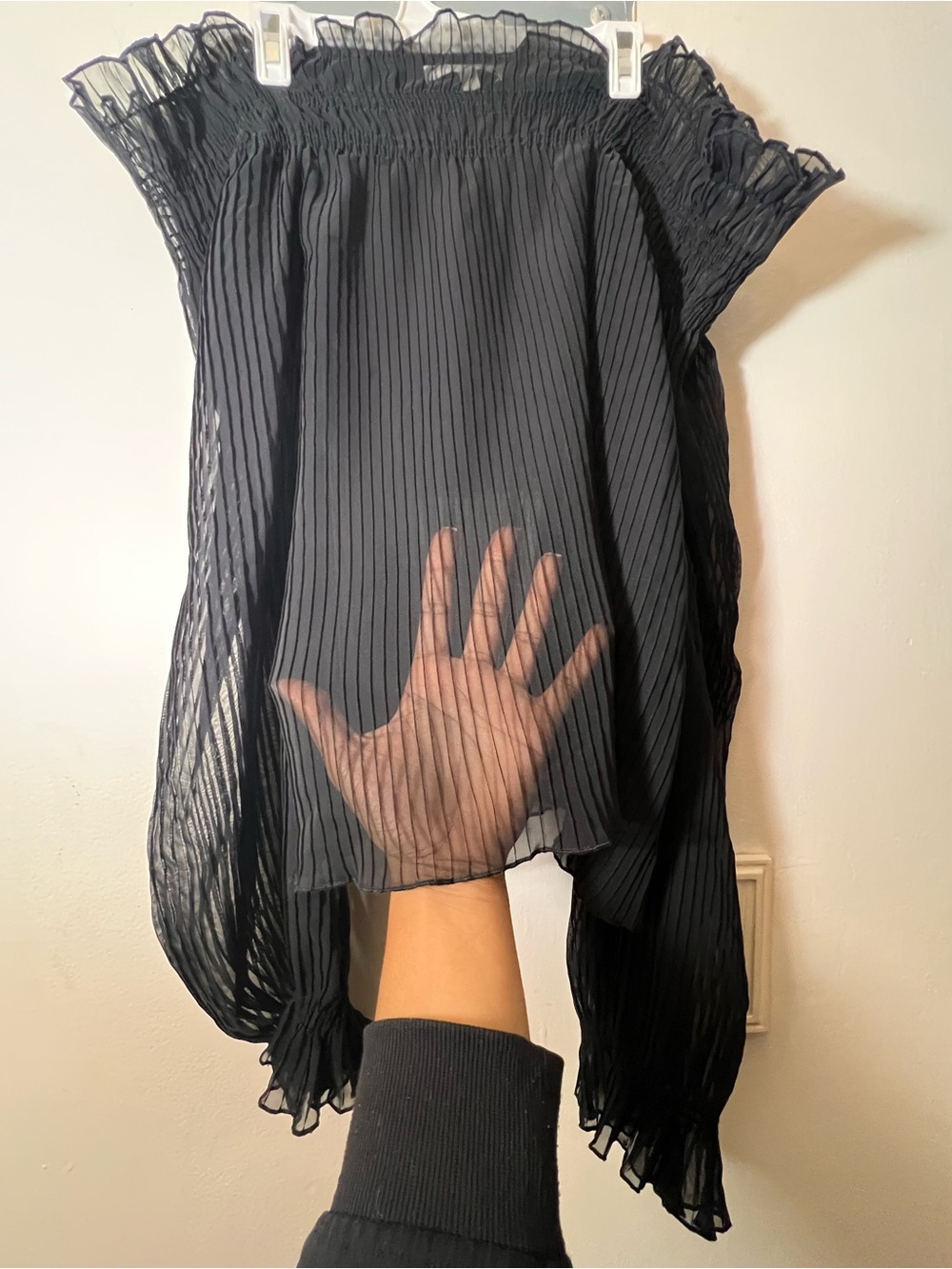 Womens Black Pleated Off-Shoulder Top